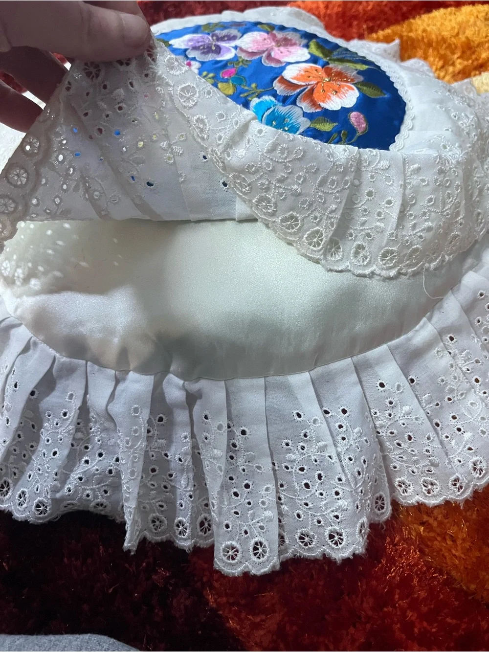 Vintage Blue Floral Embroidered Decorative Pillow with White Eyelet Ruffle